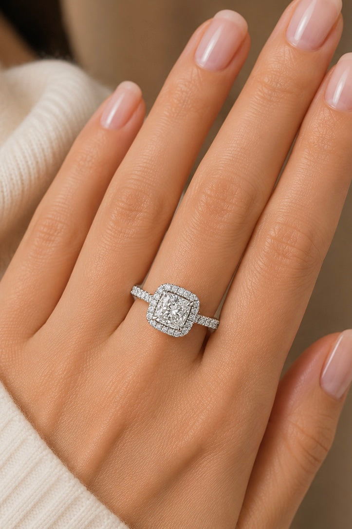 1.59ct Square Cushion Halo Lab Grown Engagement Ring